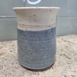 Studio Pottery Handcrafted Stoneware Vase Two Tone Blue White Salt Glaze Signed